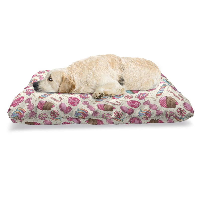 East Urban Home Ambesonne Candy Cane Pet Bed Yummy Lollipop Candy Macaroon Cupcake And Donut On Polka Dots Pattern Chew Resistant Pad For Dogs And Cats Cushion With Removable Cover 24 X